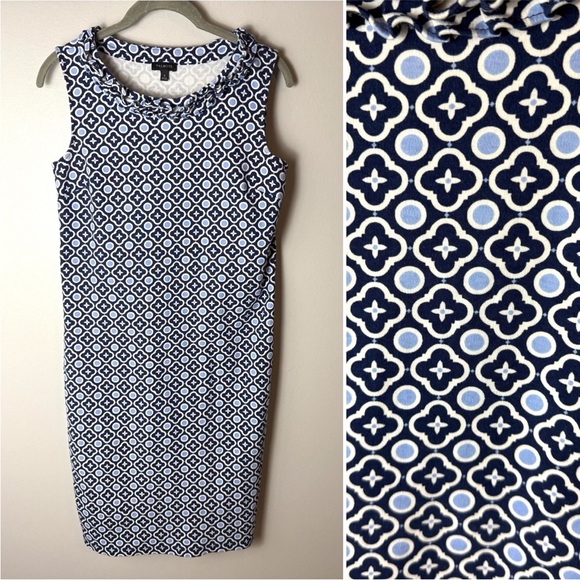 Talbots Dresses & Skirts - Talbots Navy Blue & White Sleeveless Sheath Dress Size Small Stretch Ruffle Neck